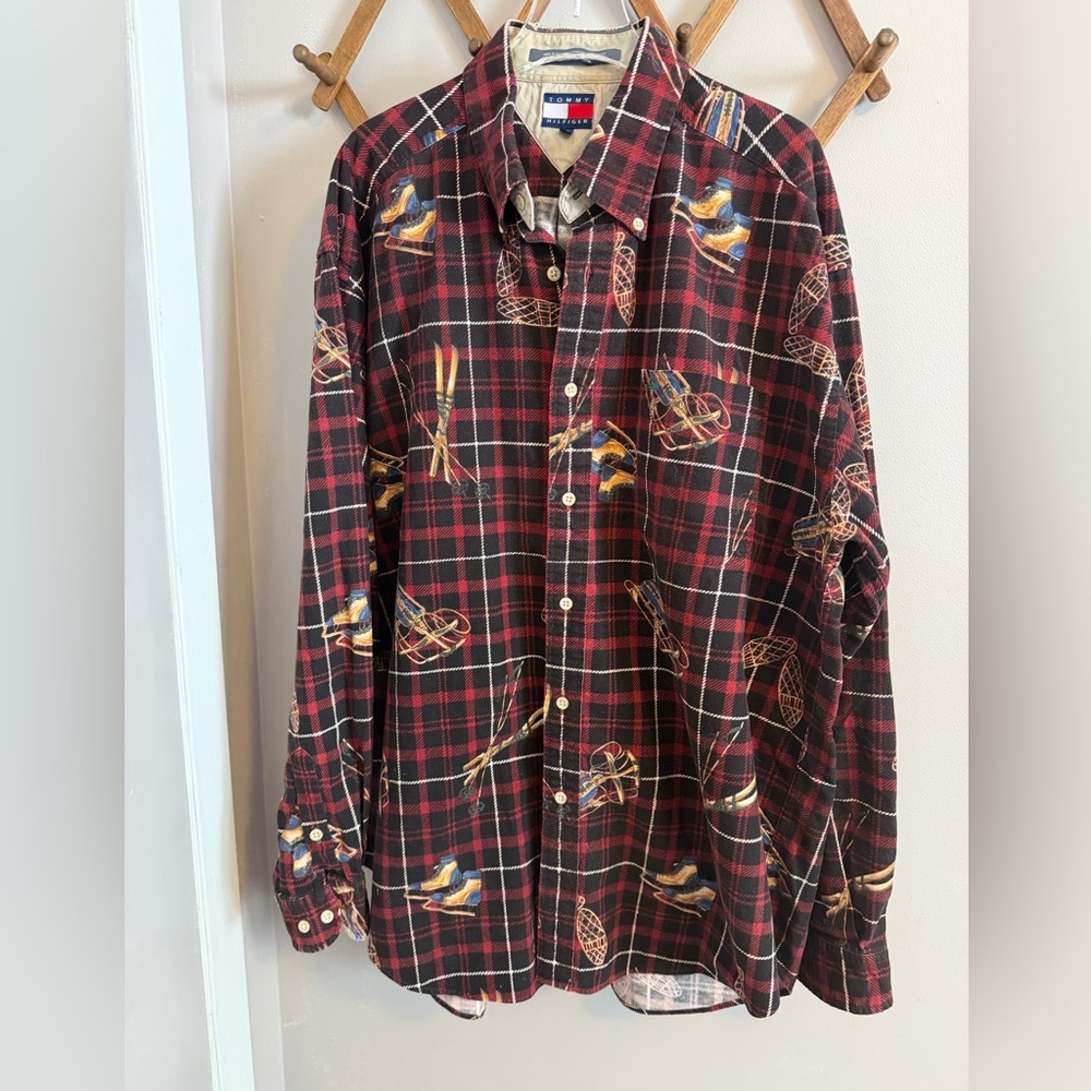 Vtg Tommy Hilfiger Winter Sports Brushed Cotton Shirt L Cabin Core Skis snowshoe